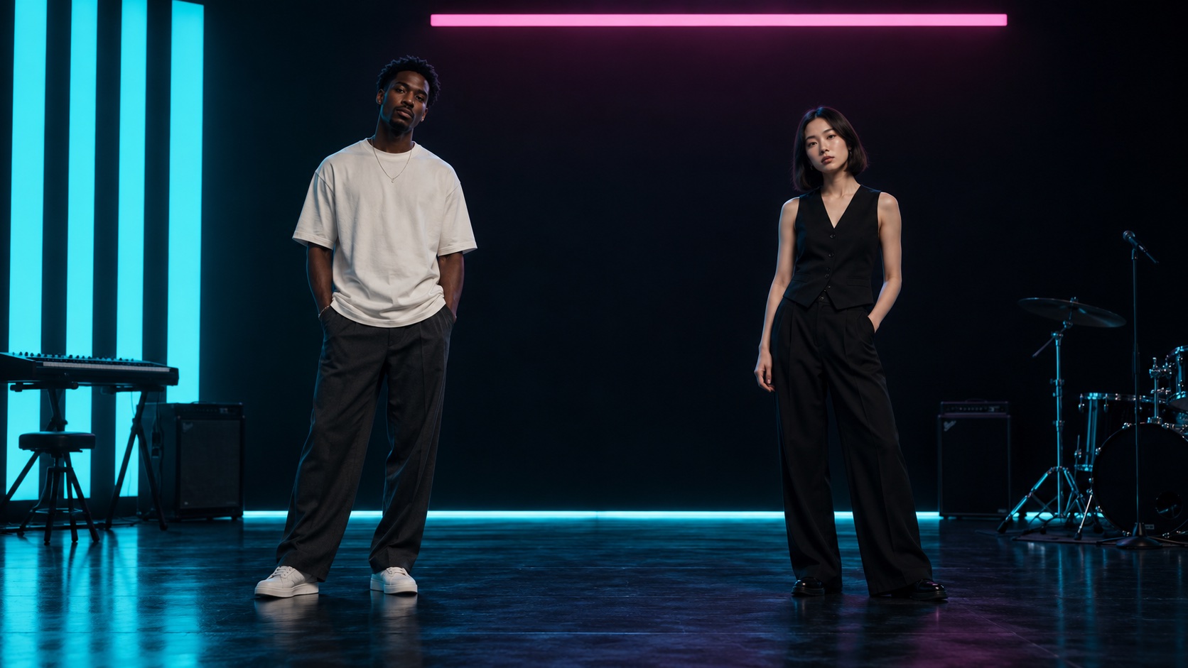 Original concept artwork: two fictional adults on a cyan and pink lit studio stage